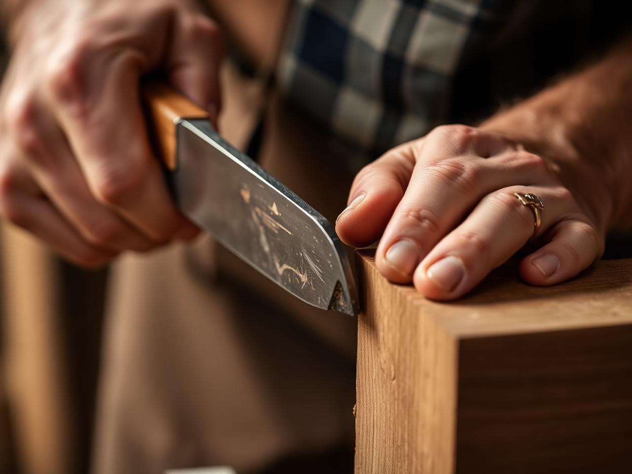Craftsman paring a dovetail joint on a white oak drawer box