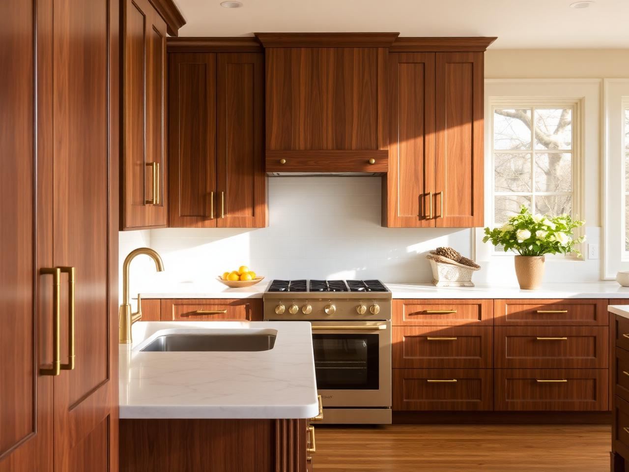 Walnut inset kitchen cabinetry with brass pulls and marble counters