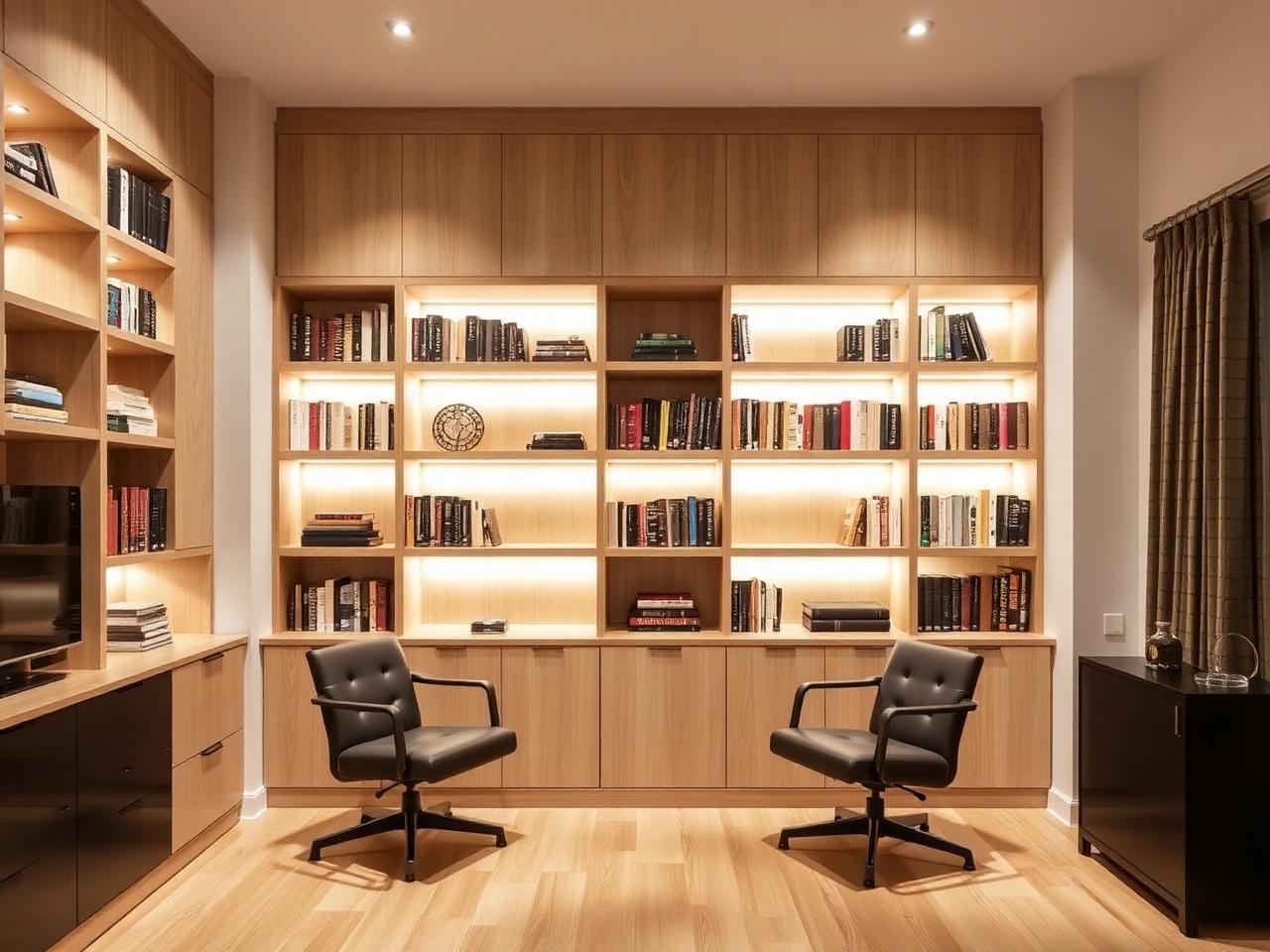 White oak library wall with lit shelves and lower cabinets